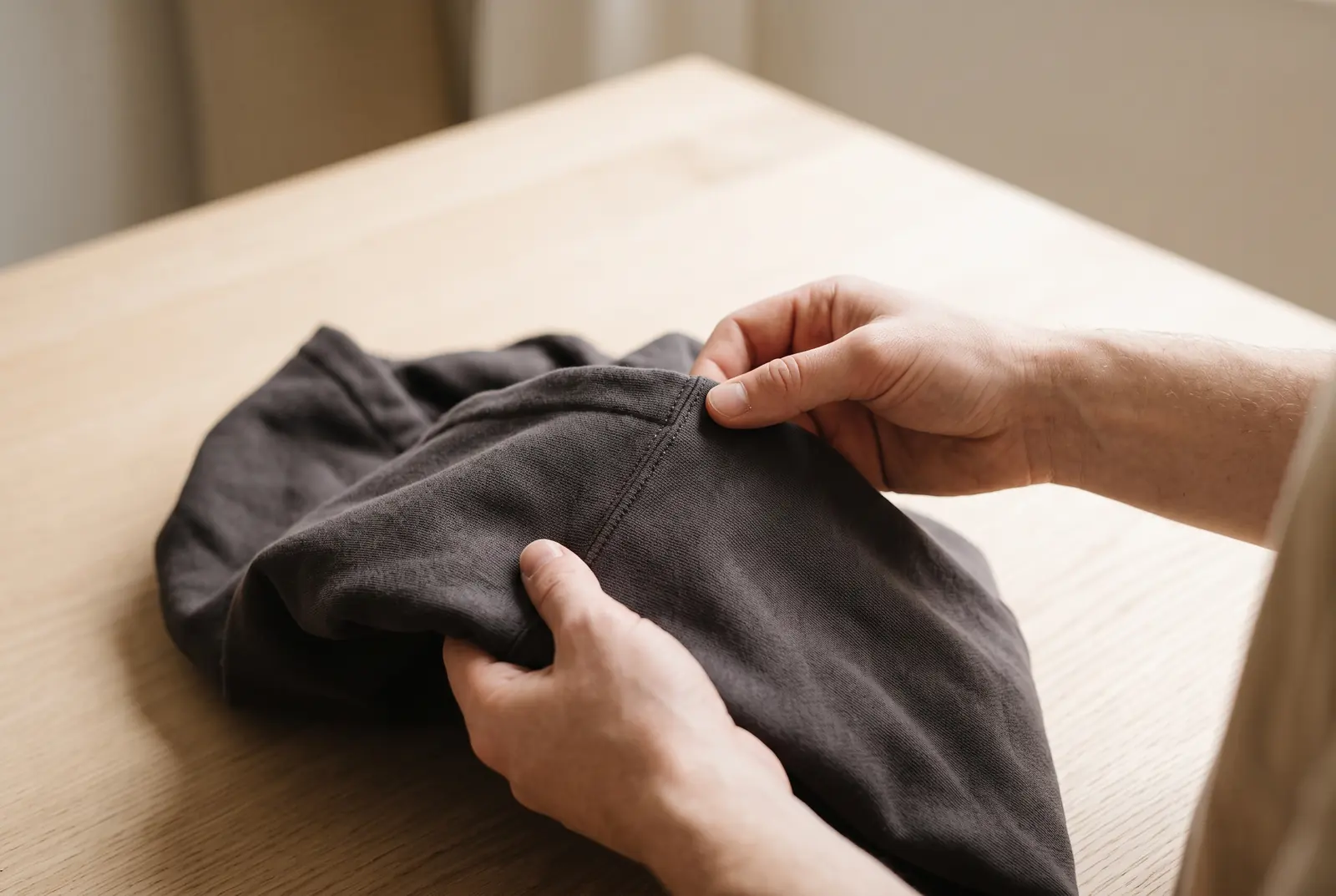 Mains inspectant le tissu d'un sweat à contre-jour