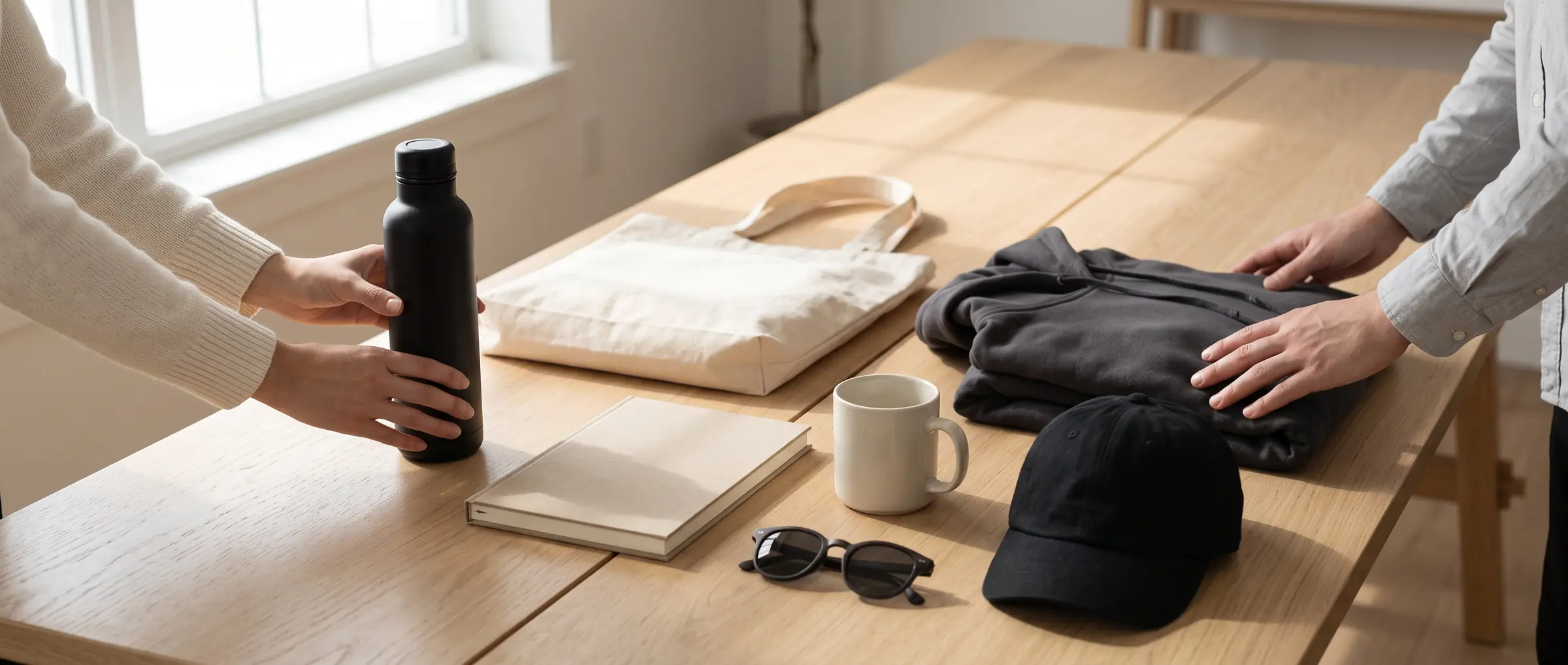 Produits de merchandising non marqués sur une table en bois clair