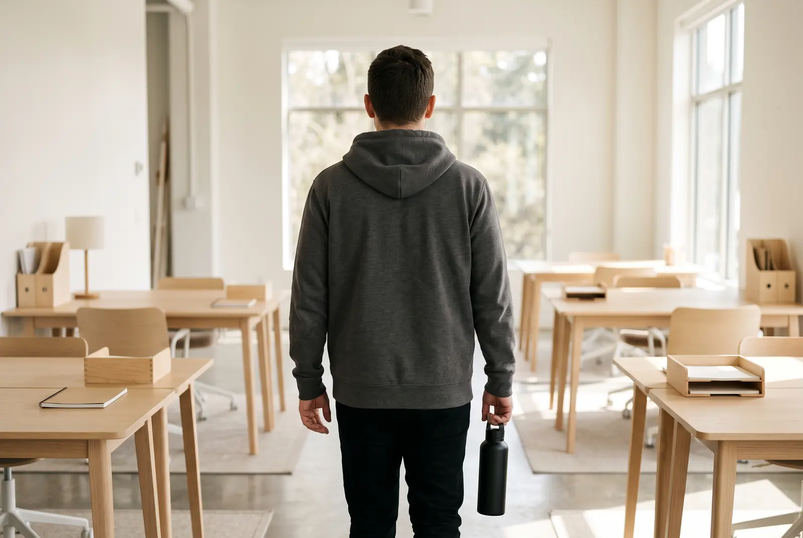 Bureau lumineux avec une personne de dos portant un sweat uni