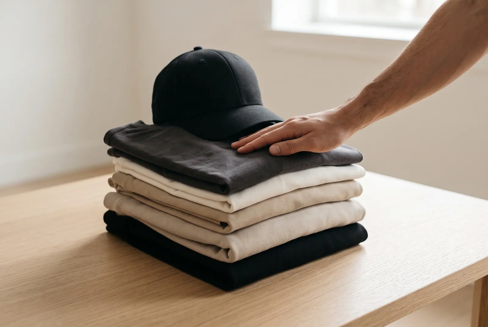 Pile de t-shirts et sweats pliés dans des tons neutres